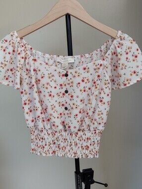 Monteau Los Angeles Cream Floral Off-Shoulder Crop Top Pink & Orang Flowers Sz S